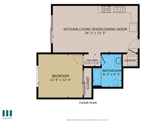 Floor plan for 1 bed, 1 bath, 624 sqft